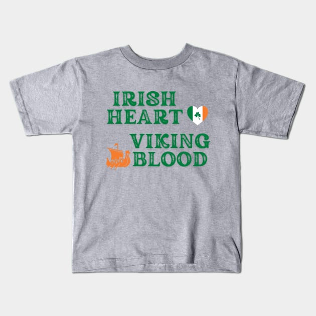 Irish Heart Viking Blood. (Green text) Gift ideas for historical enthusiasts  available on t-shirts, stickers, mugs, and phone cases, among other things. Kids T-Shirt by Papilio Art